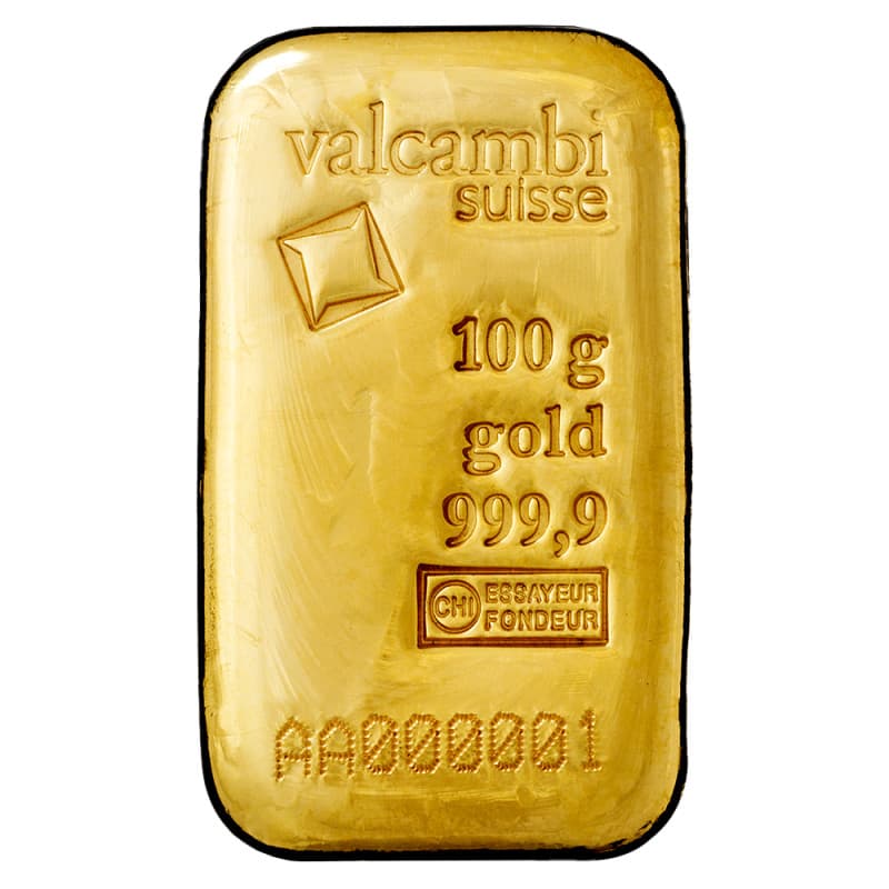 Zlatý slitek 100 g Valcambi litý