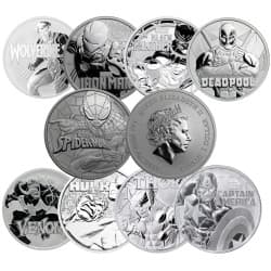 Sada stříbrných mincí 9 x 1 Oz Marvel 2017-2021