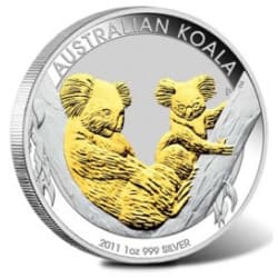 Stříbrná mince 1 Oz Australian Koala 2011 Zlaceno